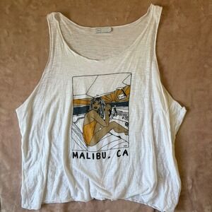 M//C Malibu CA Graphic Tank Top White Slub Knit Sleeveless Summer Shirt Large